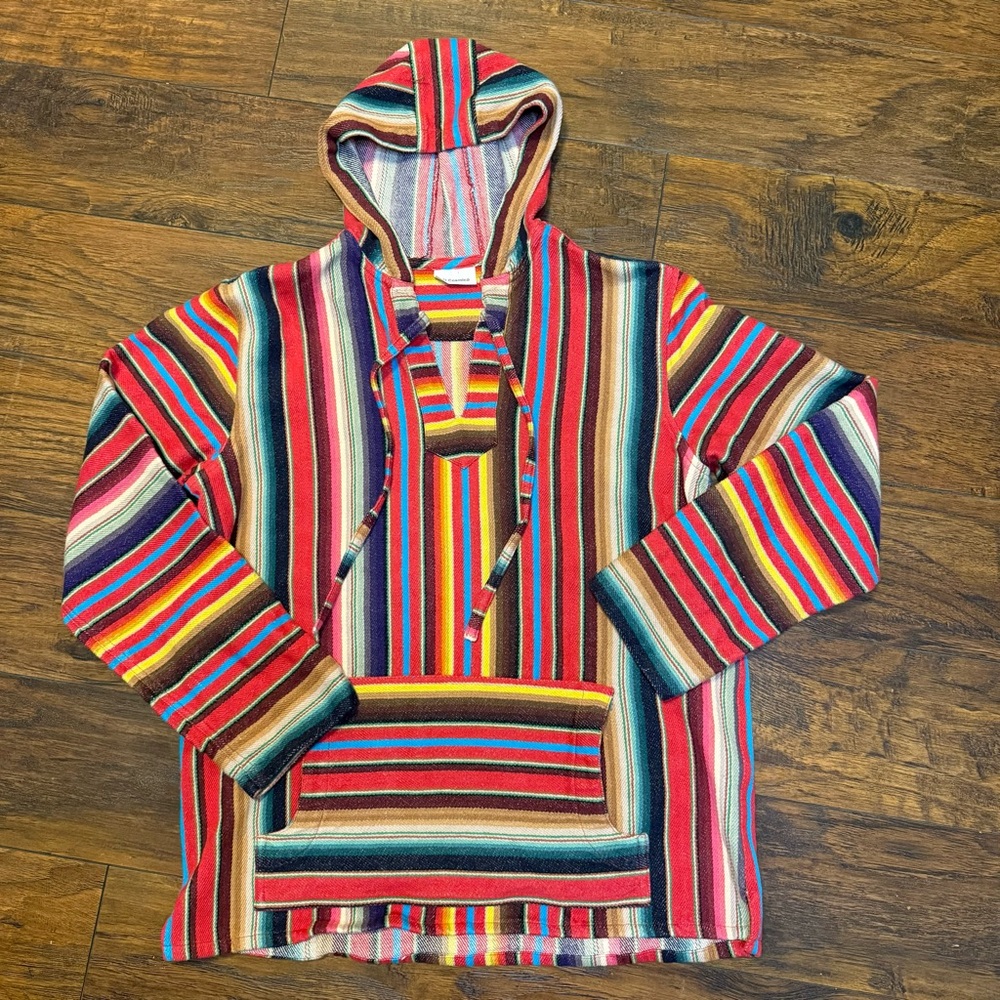 VTG El Cosmico Baja Hoodie | Multicolor Striped Drug Rug Pullover | Large/Medium